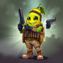 A tactical military avocado character, confidently gripping a pistol in its hands