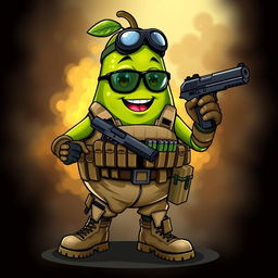 A tactical military avocado character, confidently gripping a pistol in its hands