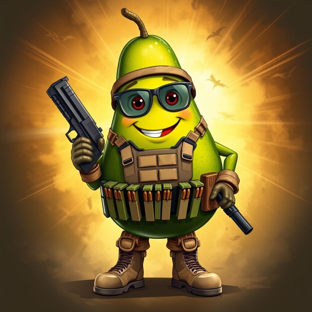 A tactical military avocado character, confidently gripping a pistol in its hands