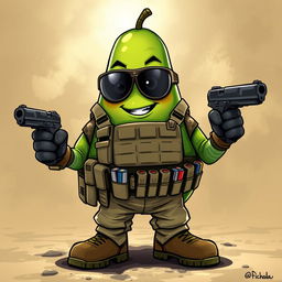 A tactical military avocado character, confidently gripping a pistol in its hands