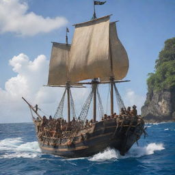 The tribal warriors from the tropical island, vehemently charge towards the anchored pirate ship, brandishing their handmade weaponry, arrows sailing through the air.