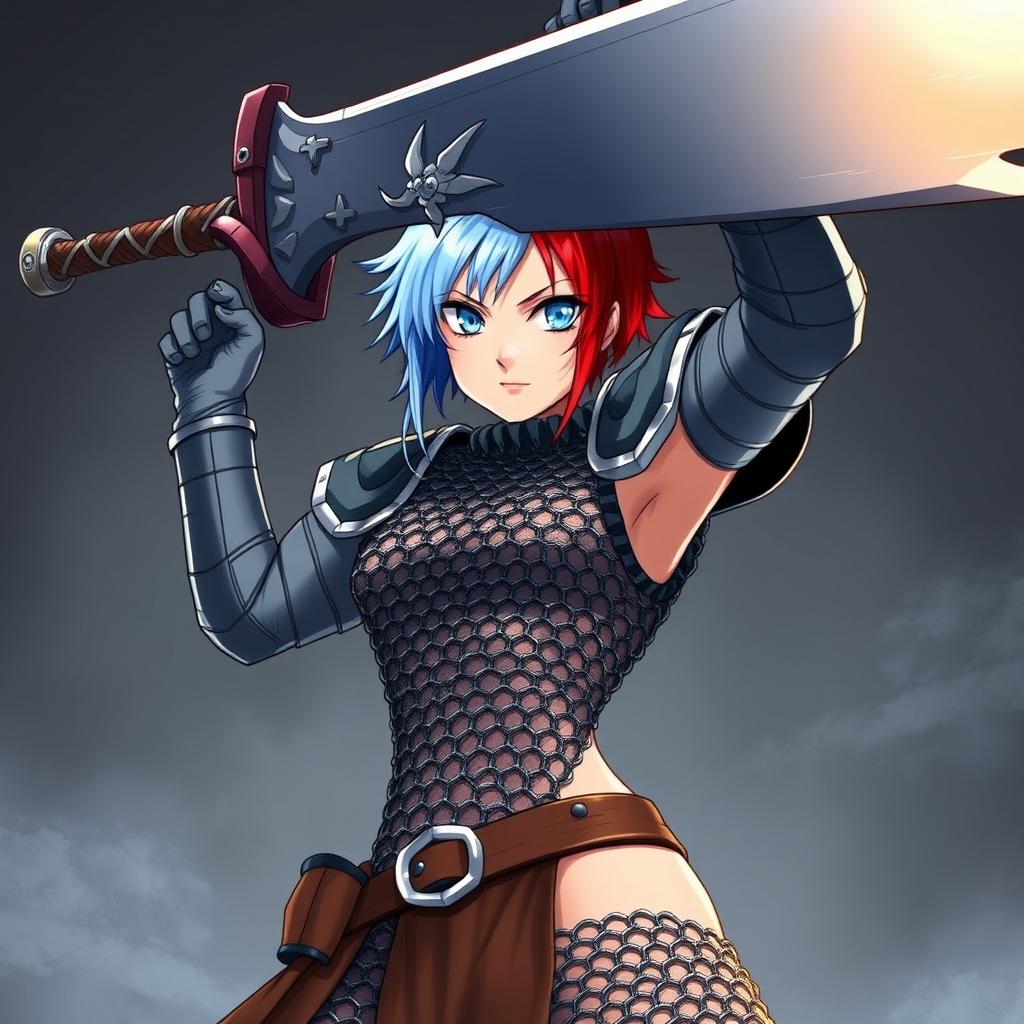 A powerful human fighter with short, fire red and ice blue hair stands in a dynamic pose, raising an enormous buster sword over their head