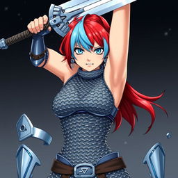 A powerful human fighter with short, fire red and ice blue hair stands in a dynamic pose, raising an enormous buster sword over their head