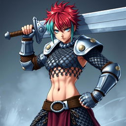 A powerful human fighter with short, fire red and ice blue hair stands in a dynamic pose, raising an enormous buster sword over their head