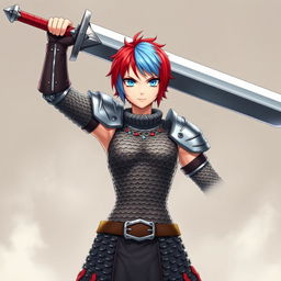 A powerful human fighter with short, fire red and ice blue hair stands in a dynamic pose, raising an enormous buster sword over their head