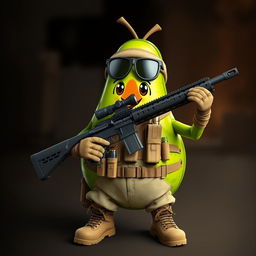 A tactical military avocado character confidently holding a sniper rifle in its hands