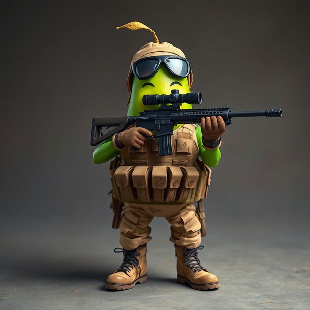 A tactical military avocado character confidently holding a sniper rifle in its hands