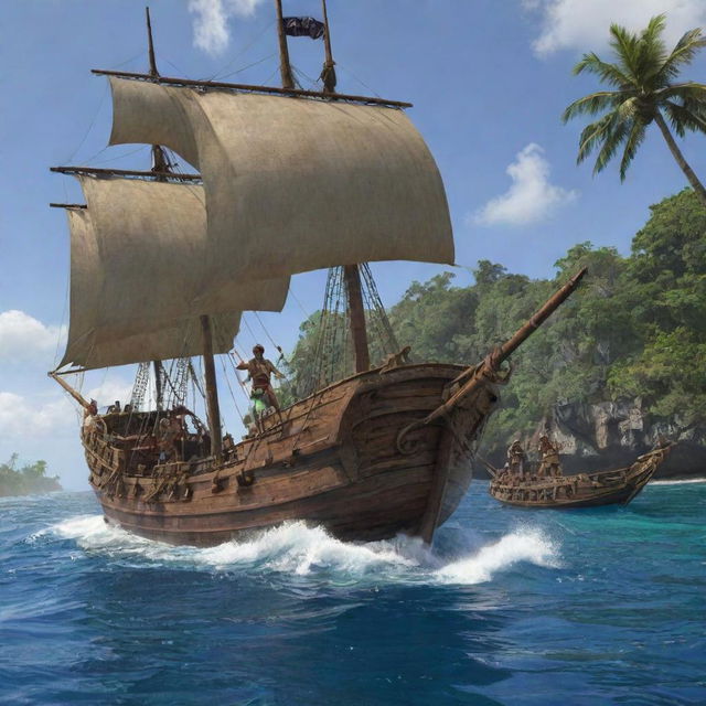 The tribal warriors from the tropical island, vehemently charge towards the anchored pirate ship, brandishing their handmade weaponry, arrows sailing through the air.