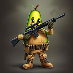 A tactical military avocado character confidently holding a sniper rifle in its hands