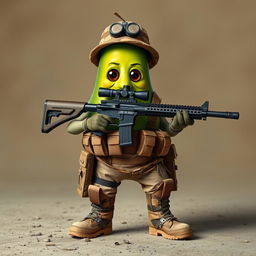 A tactical military avocado character confidently holding a sniper rifle in its hands