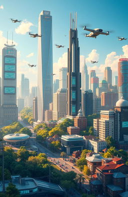 A bustling utopian cityscape depicting a vibrant, tech-controlled society