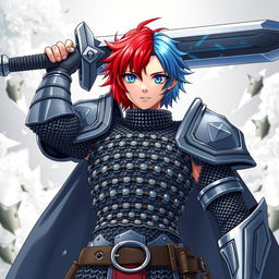 A fierce human fighter with short hair that transitions between fire red and ice blue stands proudly with a colossal buster sword raised above their head