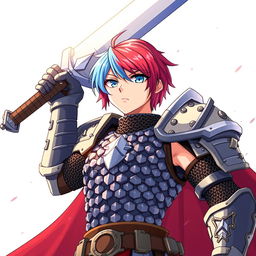 A fierce human fighter with short hair that transitions between fire red and ice blue stands proudly with a colossal buster sword raised above their head