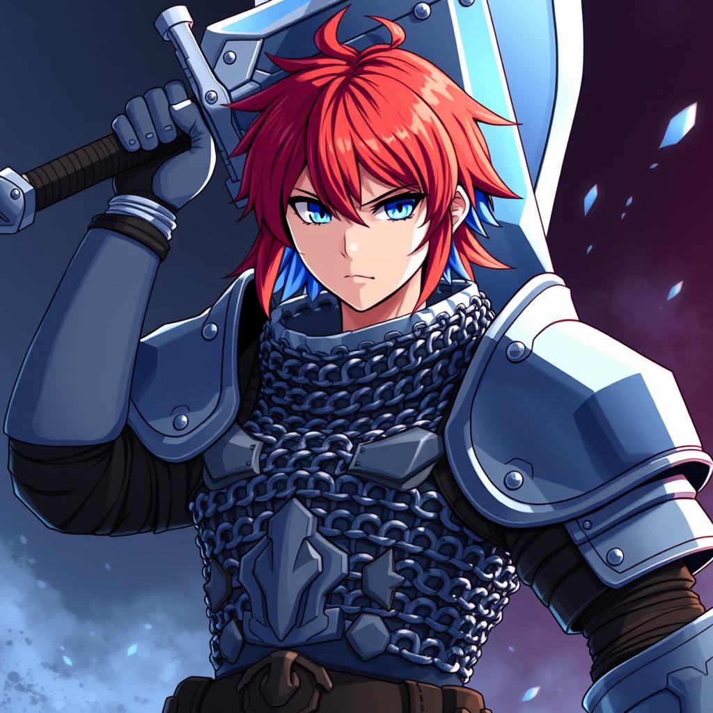 A fierce human fighter with short hair that transitions between fire red and ice blue stands proudly with a colossal buster sword raised above their head