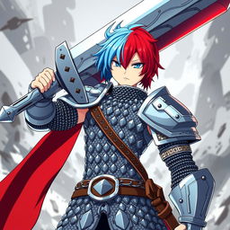 A fierce human fighter with short hair that transitions between fire red and ice blue stands proudly with a colossal buster sword raised above their head