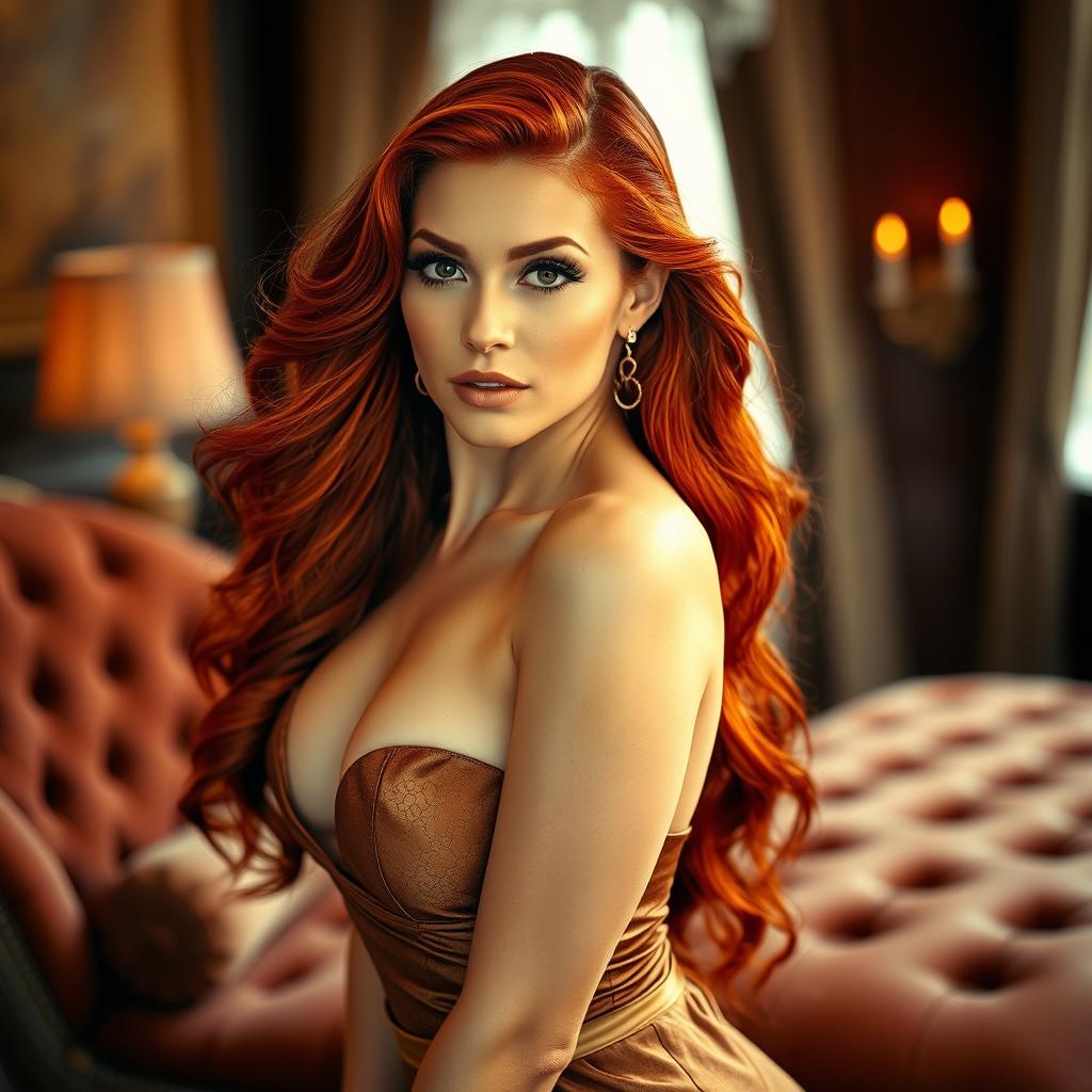 A seductive woman with long, flowing red hair, dressed elegantly in a stunning outfit that highlights her curves