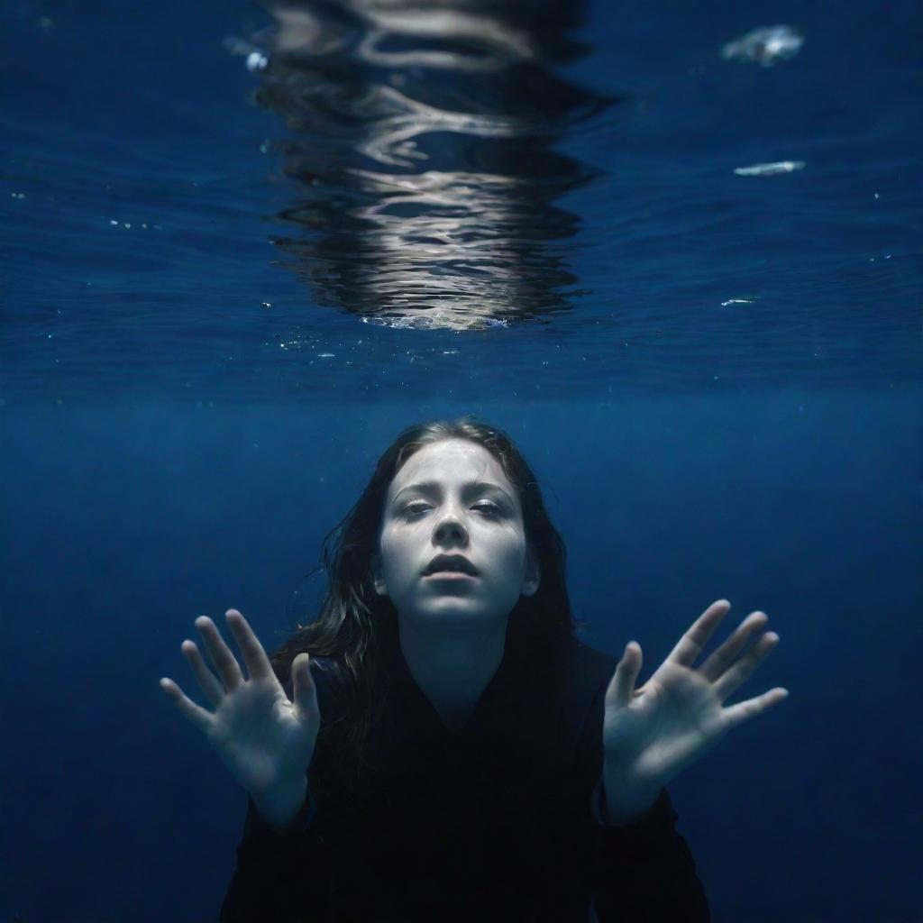 A dramatic view of a girl submerged in an abyss of a dark blue sea, her entire body visible as her hands reach towards the hint of light at the surface.