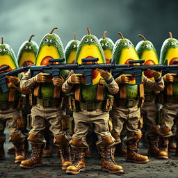 A squadron of tactical military avocados, each confidently holding a sniper rifle in their hands