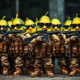 A squadron of tactical military avocados, each confidently holding a sniper rifle in their hands