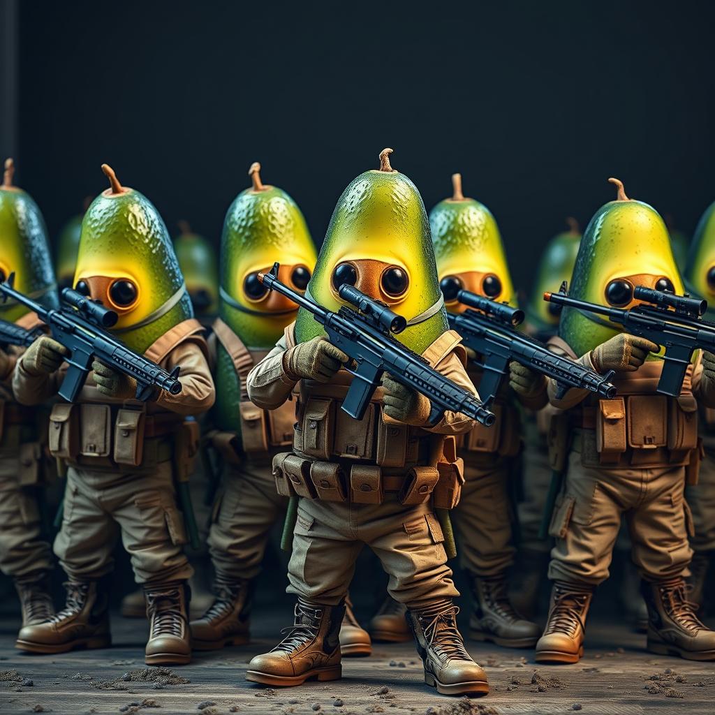 A squadron of tactical military avocados, each confidently holding a sniper rifle in their hands