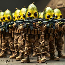 A squadron of tactical military avocados, each confidently holding a sniper rifle in their hands