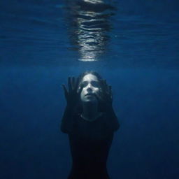 A dramatic view of a girl submerged in an abyss of a dark blue sea, her entire body visible as her hands reach towards the hint of light at the surface.