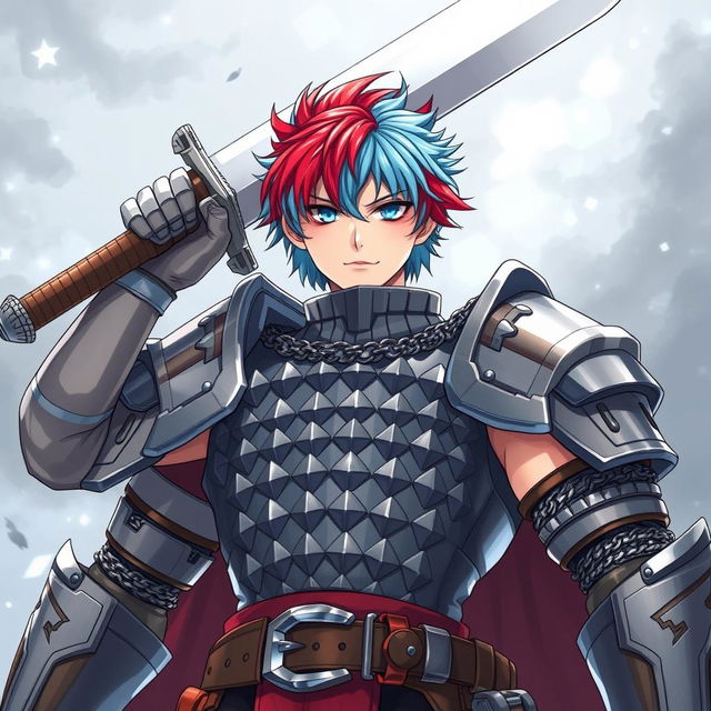 An imposing human fighter with short hair that showcases a striking blend of fire red and ice blue stands poised, raising an enormous buster sword confidently above their head