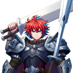 An imposing human fighter with short hair that showcases a striking blend of fire red and ice blue stands poised, raising an enormous buster sword confidently above their head