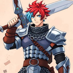 An imposing human fighter with short hair that showcases a striking blend of fire red and ice blue stands poised, raising an enormous buster sword confidently above their head