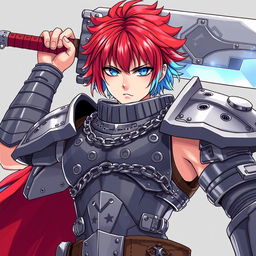 An imposing human fighter with short hair that showcases a striking blend of fire red and ice blue stands poised, raising an enormous buster sword confidently above their head