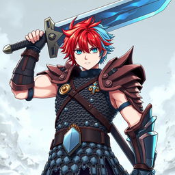 An impressive human fighter with short hair featuring a stunning mix of fire red and ice blue stands triumphantly, raising a gigantic buster sword high above their head