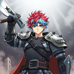 An impressive human fighter with short hair featuring a stunning mix of fire red and ice blue stands triumphantly, raising a gigantic buster sword high above their head