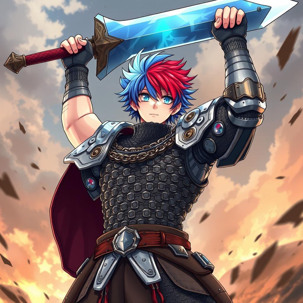 An impressive human fighter with short hair featuring a stunning mix of fire red and ice blue stands triumphantly, raising a gigantic buster sword high above their head