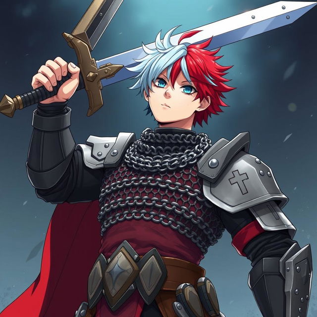 An impressive human fighter with short hair featuring a stunning mix of fire red and ice blue stands triumphantly, raising a gigantic buster sword high above their head