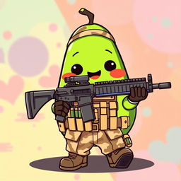 A cute kawaii-style tactical military avocado character, happily holding a rifle in its hands