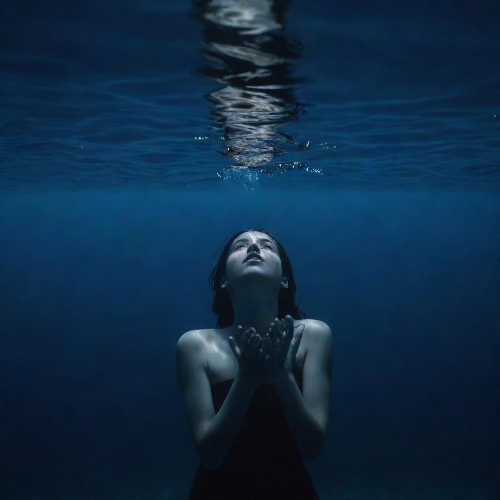 A dramatic view of a girl submerged in an abyss of a dark blue sea, her entire body visible as her hands reach towards the hint of light at the surface.