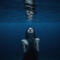 A dramatic view of a girl submerged in an abyss of a dark blue sea, her entire body visible as her hands reach towards the hint of light at the surface.