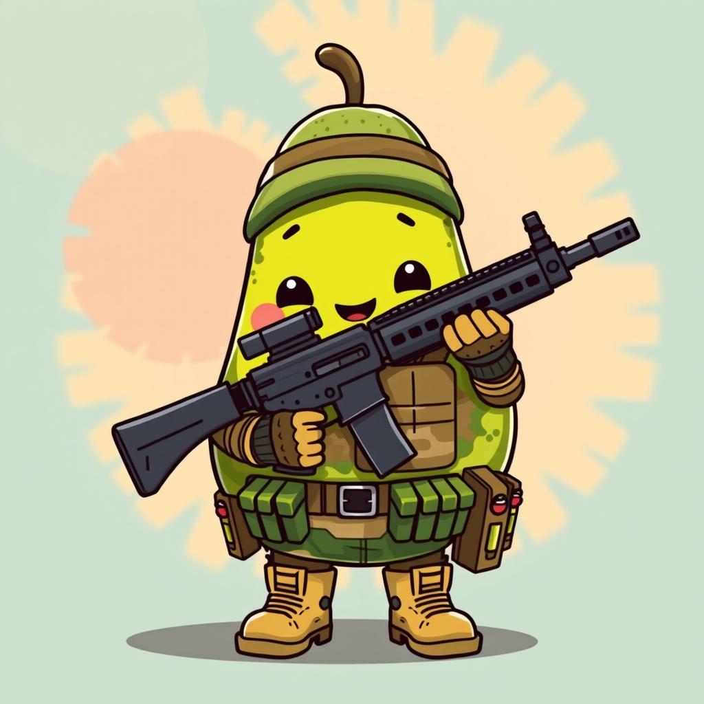 A cute kawaii-style tactical military avocado character, happily holding a rifle in its hands