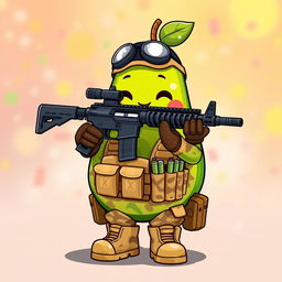 A cute kawaii-style tactical military avocado character, happily holding a rifle in its hands