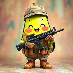 A cute kawaii-style tactical military avocado character, happily holding a rifle in its hands