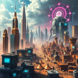 A vibrant depiction of a futuristic utopia showcasing a tech-controlled society that highlights the stark contrast between the rich and the poor