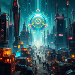 A vibrant depiction of a futuristic utopia showcasing a tech-controlled society that highlights the stark contrast between the rich and the poor