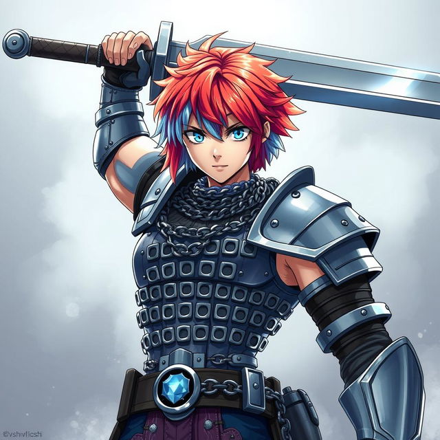 A striking human fighter with short hair that transitions between vibrant fire red and icy blue stands impressively, raising a massive buster sword above their head