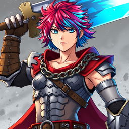 A striking human fighter with short hair that transitions between vibrant fire red and icy blue stands impressively, raising a massive buster sword above their head