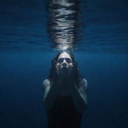 A dramatic view of a girl submerged in an abyss of a dark blue sea, her entire body visible as her hands reach towards the hint of light at the surface.