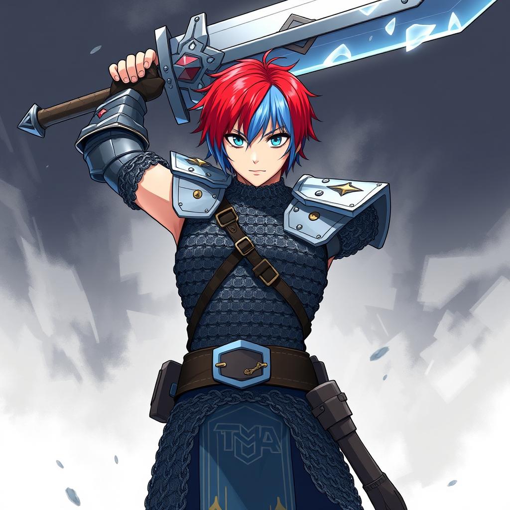 A striking human fighter with short hair that transitions between vibrant fire red and icy blue stands impressively, raising a massive buster sword above their head