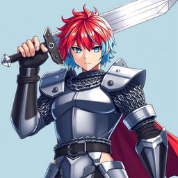 A striking human fighter with short hair that transitions between vibrant fire red and icy blue stands impressively, raising a massive buster sword above their head