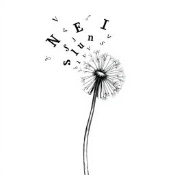 A black and white drawing of a partially blown dandelion, with its seeds transforming into black letters as they disperse in the air