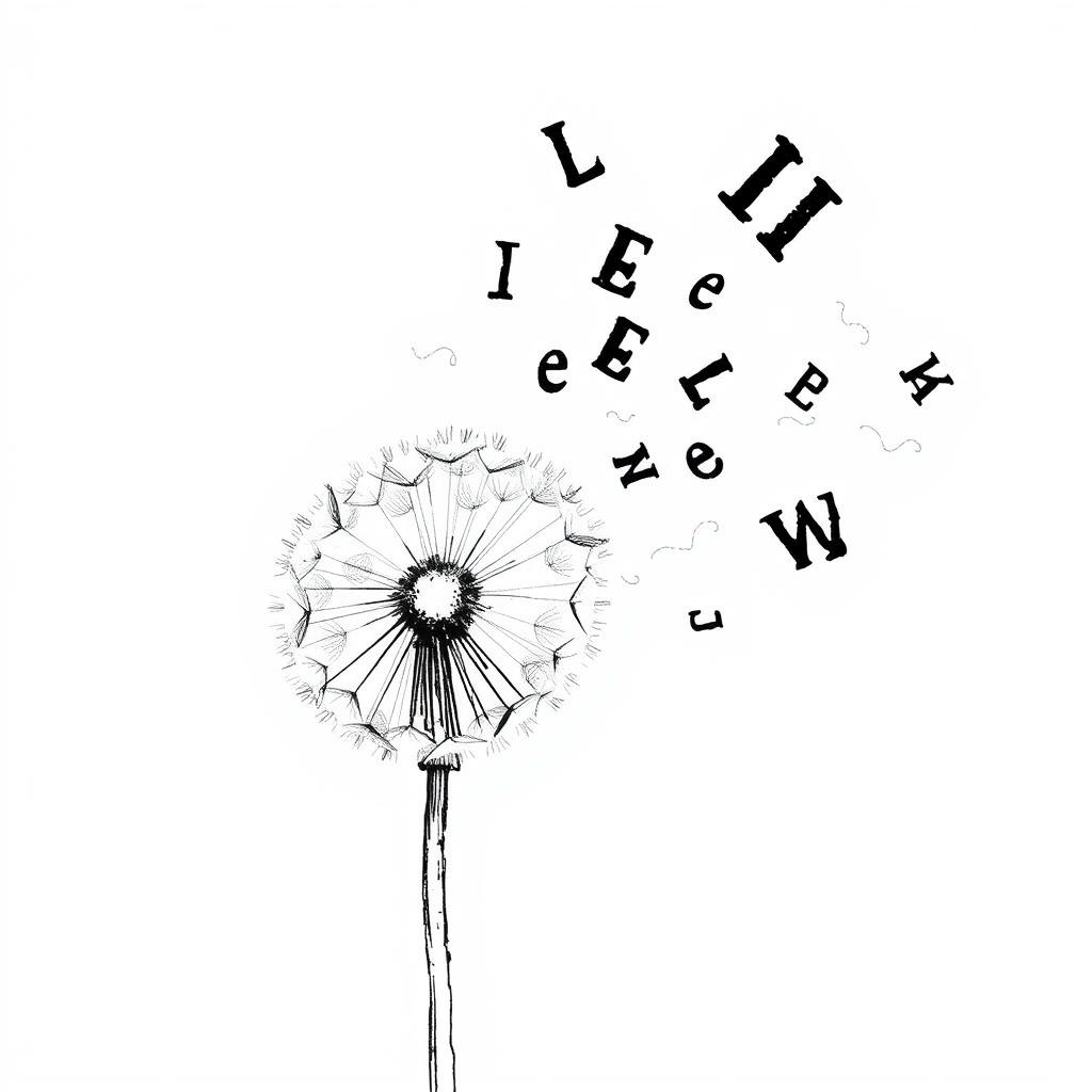 A black and white drawing of a partially blown dandelion, with its seeds transforming into black letters as they disperse in the air