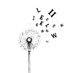 A black and white drawing of a partially blown dandelion, with its seeds transforming into black letters as they disperse in the air